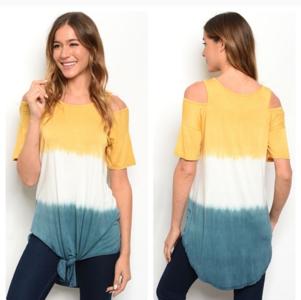 💛Yellow, White, and Blue Cold Shoulder Top Size Large